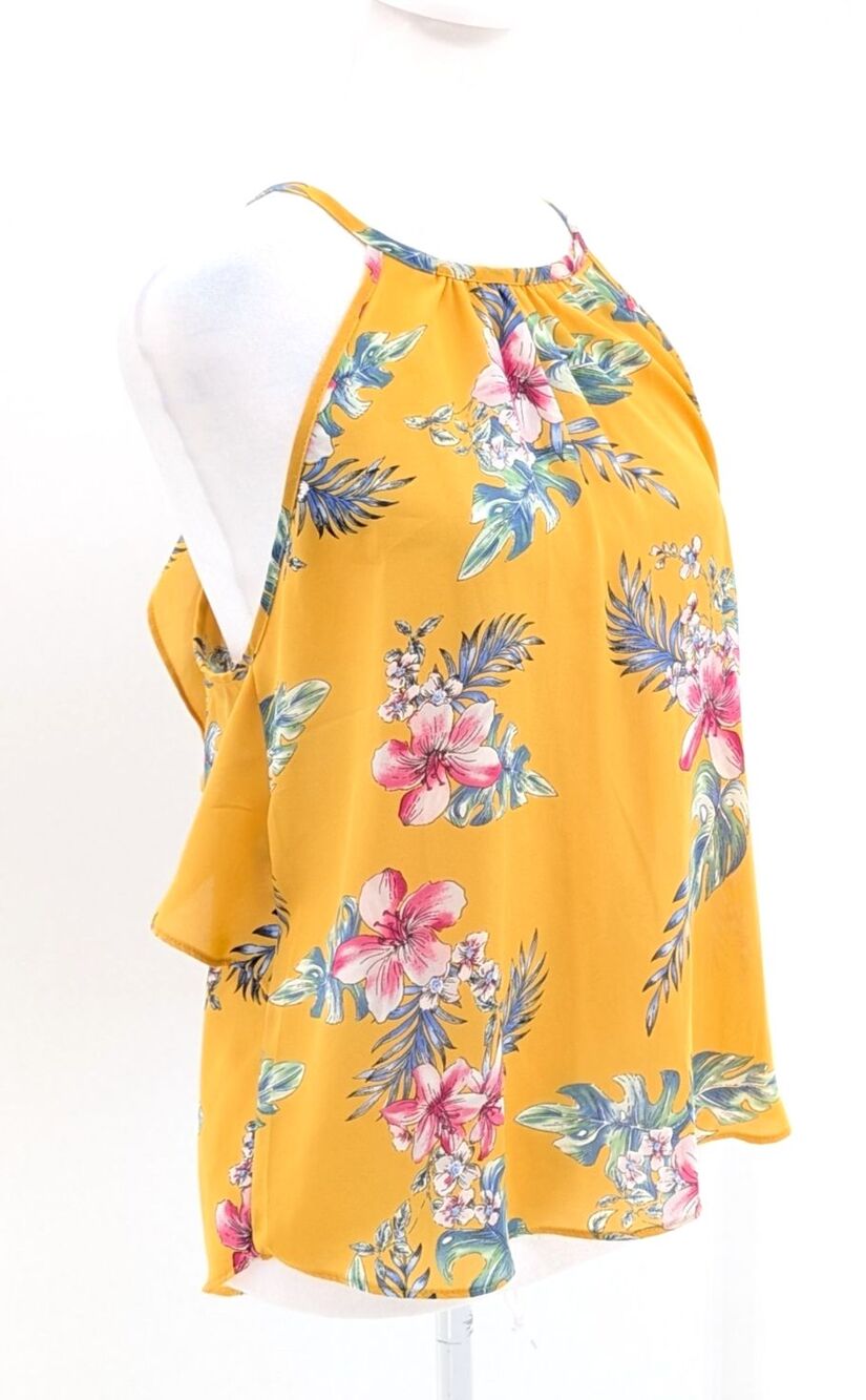Lush Yellow Floral Ruffle Open Back Sleeveless Camisole Tank Top Blouse Small